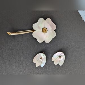 Vintage Carved Mother of Pearl Brooch and Earring Set